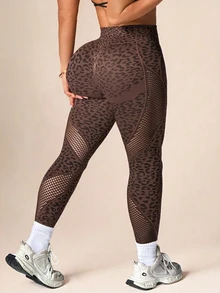 SHEIN Rhythm Era Women's Plus Size Seamless Coffee Brown Leopard Print Mesh Sports Leggings Yoga Pants - Multicolor - View 3