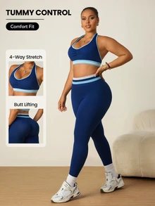 SHEIN Rhythm Era Set Olahraga Wanita Ukuran Plus: Atasan Tank Top dan Legging Bergaris Model Halter Neck - Navy Blue - View 1