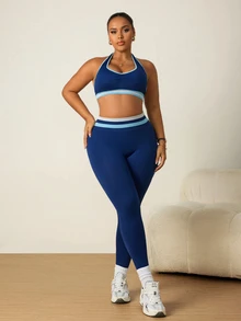 SHEIN Rhythm Era Set Olahraga Wanita Ukuran Plus: Atasan Tank Top dan Legging Bergaris Model Halter Neck - Navy Blue - View 3