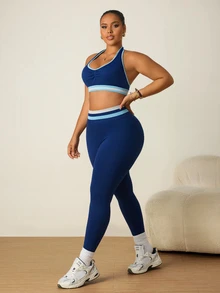 SHEIN Rhythm Era Set Olahraga Wanita Ukuran Plus: Atasan Tank Top dan Legging Bergaris Model Halter Neck - Navy Blue - View 4