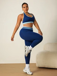 SHEIN Rhythm Era Set Olahraga Wanita Ukuran Plus: Atasan Tank Top dan Legging Bergaris Model Halter Neck - Navy Blue - View 5
