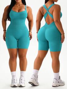 SHEIN Rhythm Era Women's Plus Size Simple Versatile Sports Romper Yoga Fitness - Green - View 5