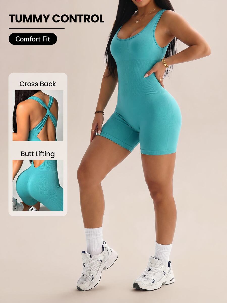 SHEIN Rhythm Era Women's Plus Size Simple Versatile Sports Romper Yoga Fitness - Green - View 1