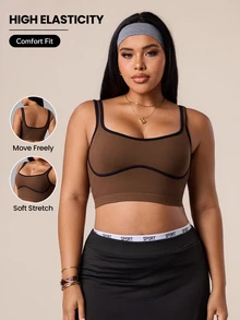SHEIN Rhythm Era Plus Size Women's Contrast Color Cuffed Off-Shoulder Sports Tank Top, Suitable For Yoga, Cycling, Tennis Gym Sports Chocolate Brown Summer - Cocoa - View 1