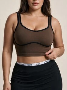 SHEIN Rhythm Era Plus Size Women's Contrast Color Cuffed Off-Shoulder Sports Tank Top, Suitable For Yoga, Cycling, Tennis Gym Sports Chocolate Brown Summer - Cocoa - View 8