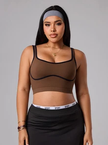 SHEIN Rhythm Era Plus Size Women's Contrast Color Cuffed Off-Shoulder Sports Tank Top, Suitable For Yoga, Cycling, Tennis Gym Sports Chocolate Brown Summer - Cocoa - View 4