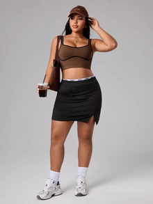 SHEIN Rhythm Era Plus Size Women's Contrast Color Cuffed Off-Shoulder Sports Tank Top, Suitable For Yoga, Cycling, Tennis Gym Sports Chocolate Brown Summer - Cocoa - View 7