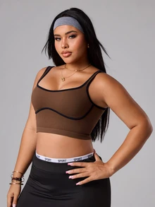 SHEIN Rhythm Era Plus Size Women's Contrast Color Cuffed Off-Shoulder Sports Tank Top, Suitable For Yoga, Cycling, Tennis Gym Sports Chocolate Brown Summer - Cocoa - View 5