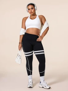 SHEIN Rhythm Era Women's Plus Size Colorblock High Waist Casual Versatile Daily Wear Sports Leggings - Black - View 8