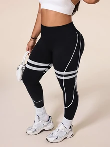 SHEIN Rhythm Era Women's Plus Size Colorblock High Waist Casual Versatile Daily Wear Sports Leggings - Black - View 5
