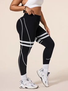 SHEIN Rhythm Era Women's Plus Size Colorblock High Waist Casual Versatile Daily Wear Sports Leggings - Black - View 4