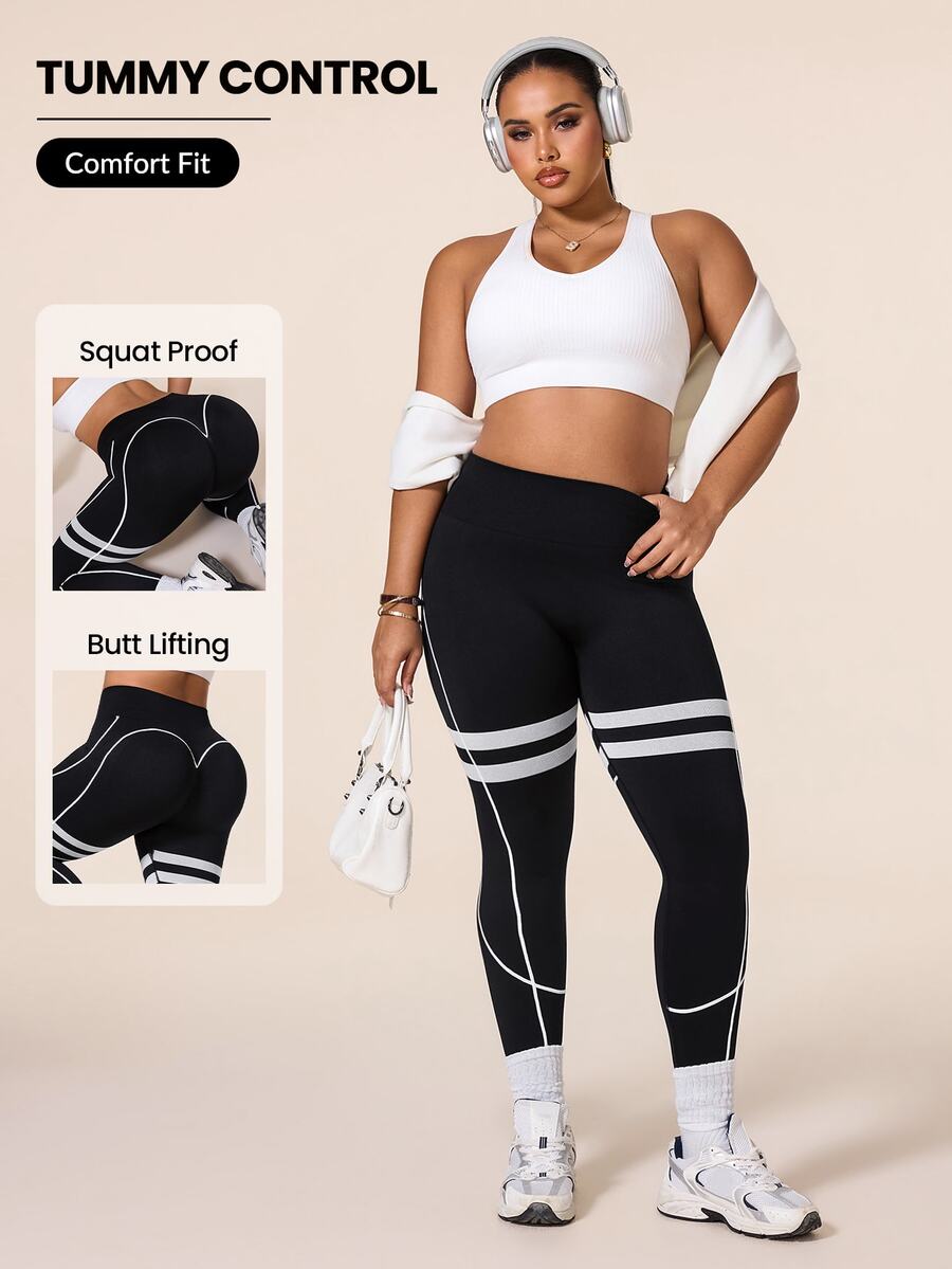 SHEIN Rhythm Era Women's Plus Size Colorblock High Waist Casual Versatile Daily Wear Sports Leggings - Black - View 1