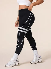 SHEIN Rhythm Era Women's Plus Size Colorblock High Waist Casual Versatile Daily Wear Sports Leggings - Black - View 3