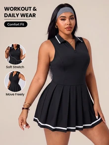 Rhythm Era Casual Versatile Plus Size Black Collared Zipper Low Waist Pleated Dress Pickleball Gym Black And White Summer - Black - View 1