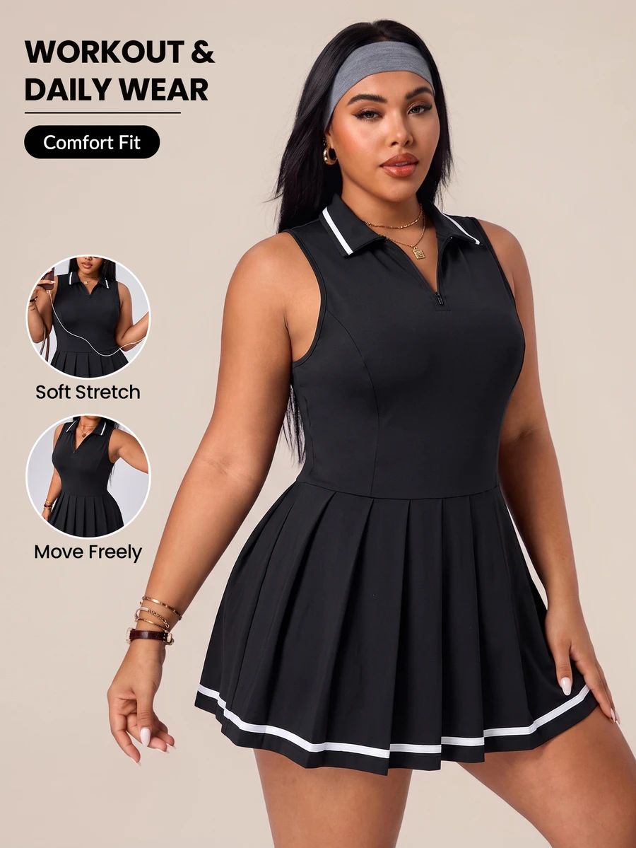Rhythm Era Casual Versatile Plus Size Black Collared Zipper Low Waist Pleated Dress Pickleball Gym Black And White Summer - Black - View 1
