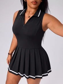 Rhythm Era Casual Versatile Plus Size Black Collared Zipper Low Waist Pleated Dress Pickleball Gym Black And White Summer - Black - View 4