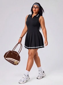 Rhythm Era Casual Versatile Plus Size Black Collared Zipper Low Waist Pleated Dress Pickleball Gym Black And White Summer - Black - View 6