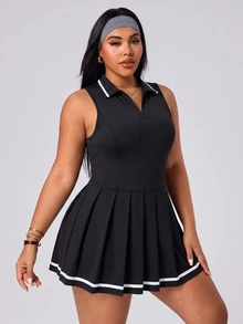 Rhythm Era Casual Versatile Plus Size Black Collared Zipper Low Waist Pleated Dress Pickleball Gym Black And White Summer - Black - View 3