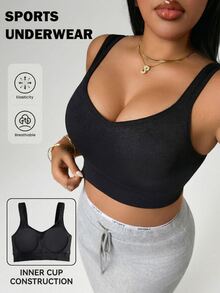 Rhythm Era Seamless Plus Size Sports Bra, Solid Color Wireless, Lift & Support, Suitable For Yoga And Fitness - Black - View 6