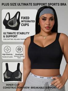 Rhythm Era Seamless Plus Size Sports Bra, Solid Color Wireless, Lift & Support, Suitable For Yoga And Fitness - Black - View 3