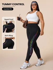 SHEIN Rhythm Era Plus Size Women's Colorblock Casual Versatile Daily Wear Sports Tight Leggings - Multicolor - View 1