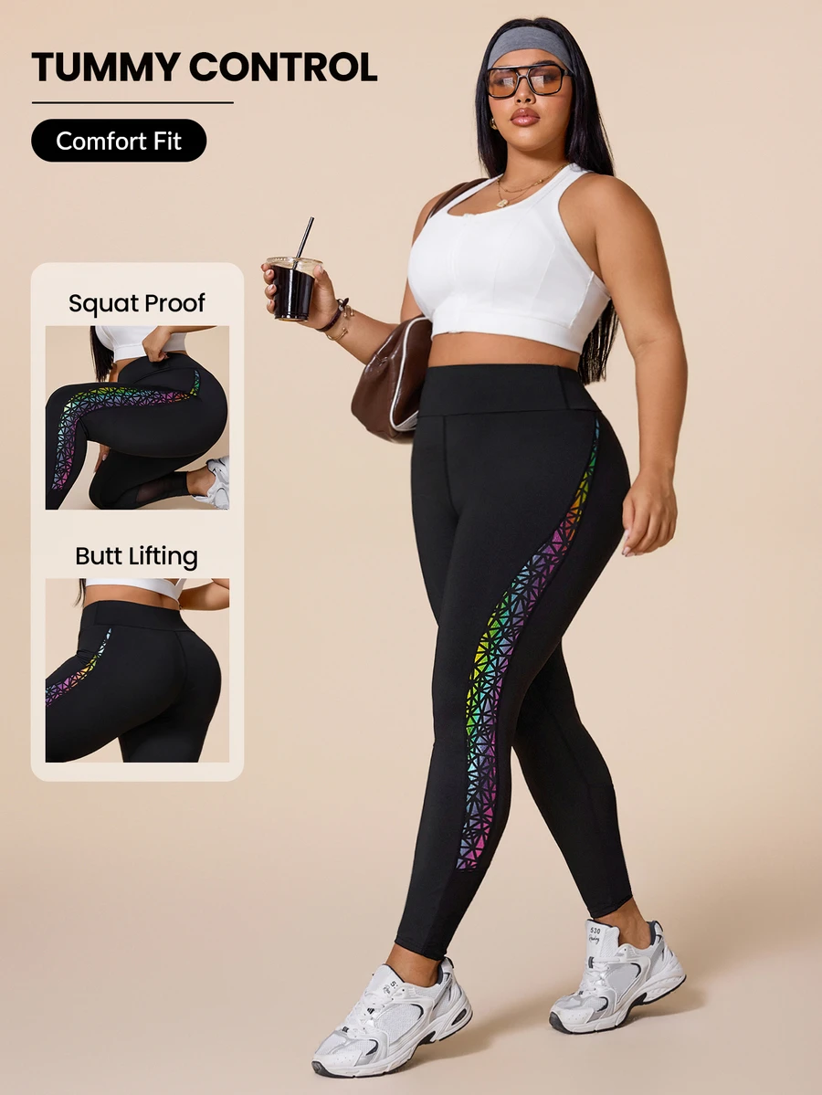SHEIN Rhythm Era Plus Size Women's Colorblock Casual Versatile Daily Wear Sports Tight Leggings - Multicolor - View 1