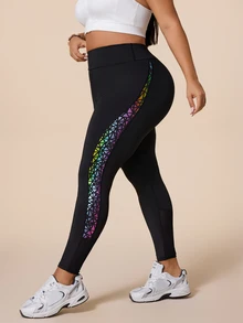 SHEIN Rhythm Era Plus Size Women's Colorblock Casual Versatile Daily Wear Sports Tight Leggings - Multicolor - View 3