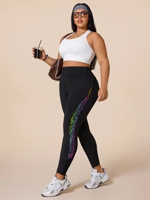 SHEIN Rhythm Era Plus Size Women's Colorblock Casual Versatile Daily Wear Sports Tight Leggings - Multicolor - View 5