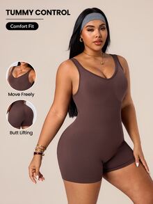 SHEIN Unity Plus Size Slimming Outdoor Running Fitness Yoga Sports Romper Gym Sports Brown Summer Gym Sports Gym Pilates - Coffee Brown - View 1