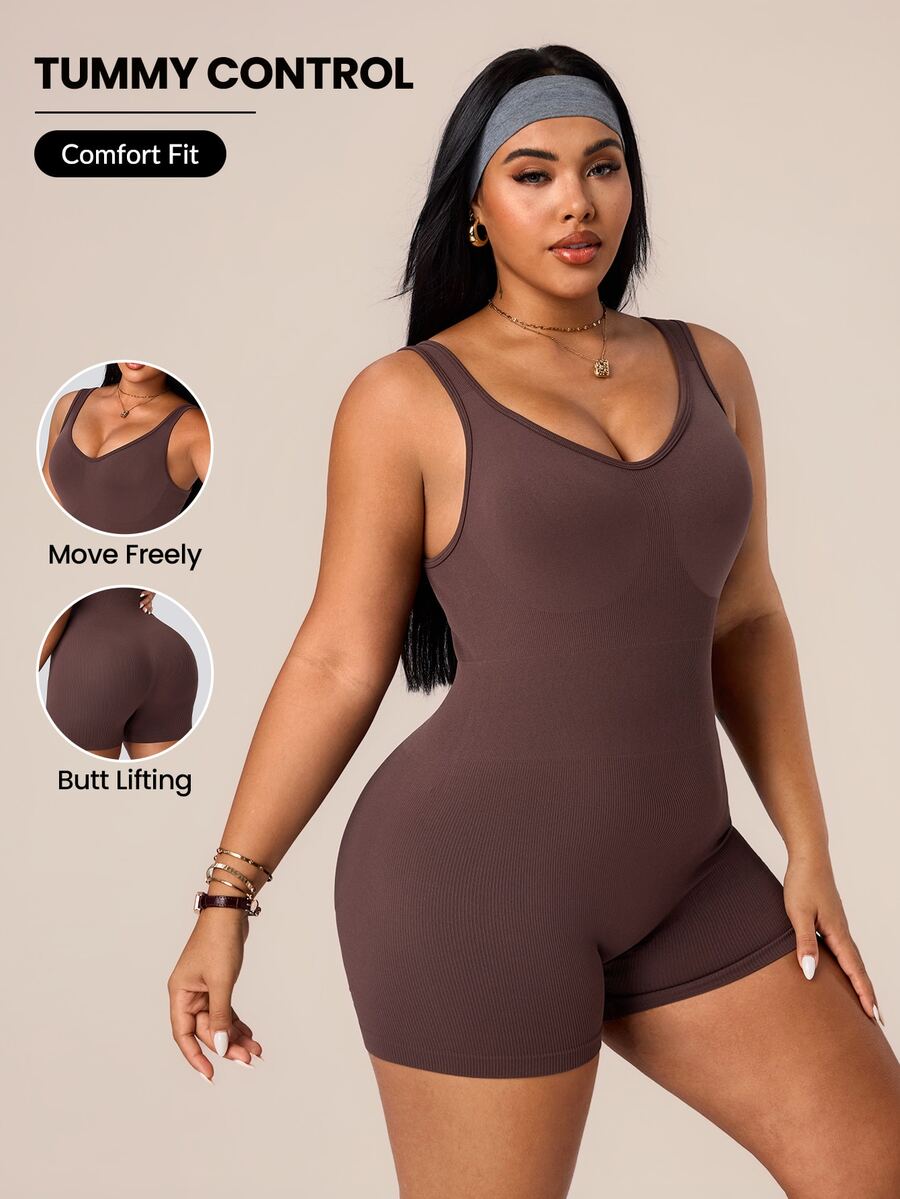 SHEIN Unity Plus Size Slimming Outdoor Running Fitness Yoga Sports Romper Gym Sports Brown Summer Gym Sports Gym Pilates - Coffee Brown - View 1