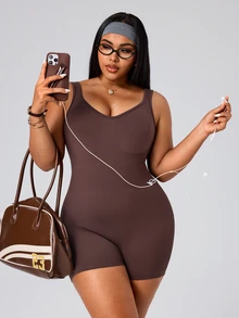 SHEIN Unity Plus Size Slimming Outdoor Running Fitness Yoga Sports Romper Gym Sports Brown Summer Gym Sports Gym Pilates - Coffee Brown - View 7