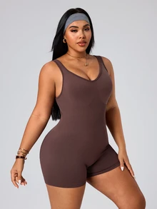SHEIN Unity Plus Size Slimming Outdoor Running Fitness Yoga Sports Romper Gym Sports Brown Summer Gym Sports Gym Pilates - Coffee Brown - View 5