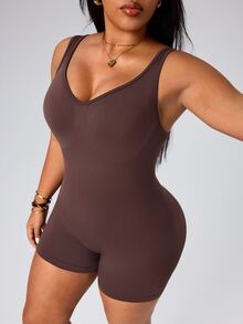 SHEIN Unity Plus Size Slimming Outdoor Running Fitness Yoga Sports Romper Gym Sports Brown Summer Gym Sports Gym Pilates - Coffee Brown - View 3