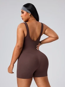 SHEIN Unity Plus Size Slimming Outdoor Running Fitness Yoga Sports Romper Gym Sports Brown Summer Gym Sports Gym Pilates - Coffee Brown - View 2