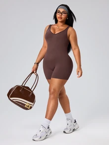 SHEIN Unity Plus Size Slimming Outdoor Running Fitness Yoga Sports Romper Gym Sports Brown Summer Gym Sports Gym Pilates - Coffee Brown - View 6