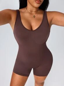 SHEIN Unity Plus Size Slimming Outdoor Running Fitness Yoga Sports Romper Gym Sports Brown Summer Gym Sports Gym Pilates - Coffee Brown - View 4