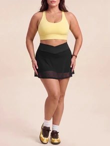 SHEIN Rhythm Era Women's Plus Size Solid Color Contrast Mesh Daily Fitness Sports Skorts Gym Sports Black Summer - Black - View 7