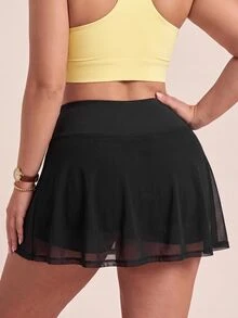 SHEIN Rhythm Era Women's Plus Size Solid Color Contrast Mesh Daily Fitness Sports Skorts Gym Sports Black Summer - Black - View 2