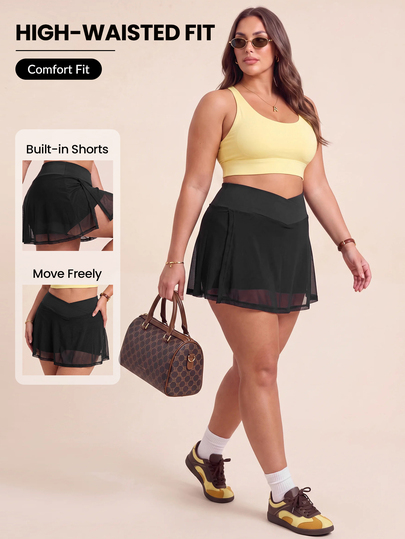 SHEIN Rhythm Era Women's Plus Size Solid Color Contrast Mesh Daily Fitness Sports Skorts Gym Sports Black Summer