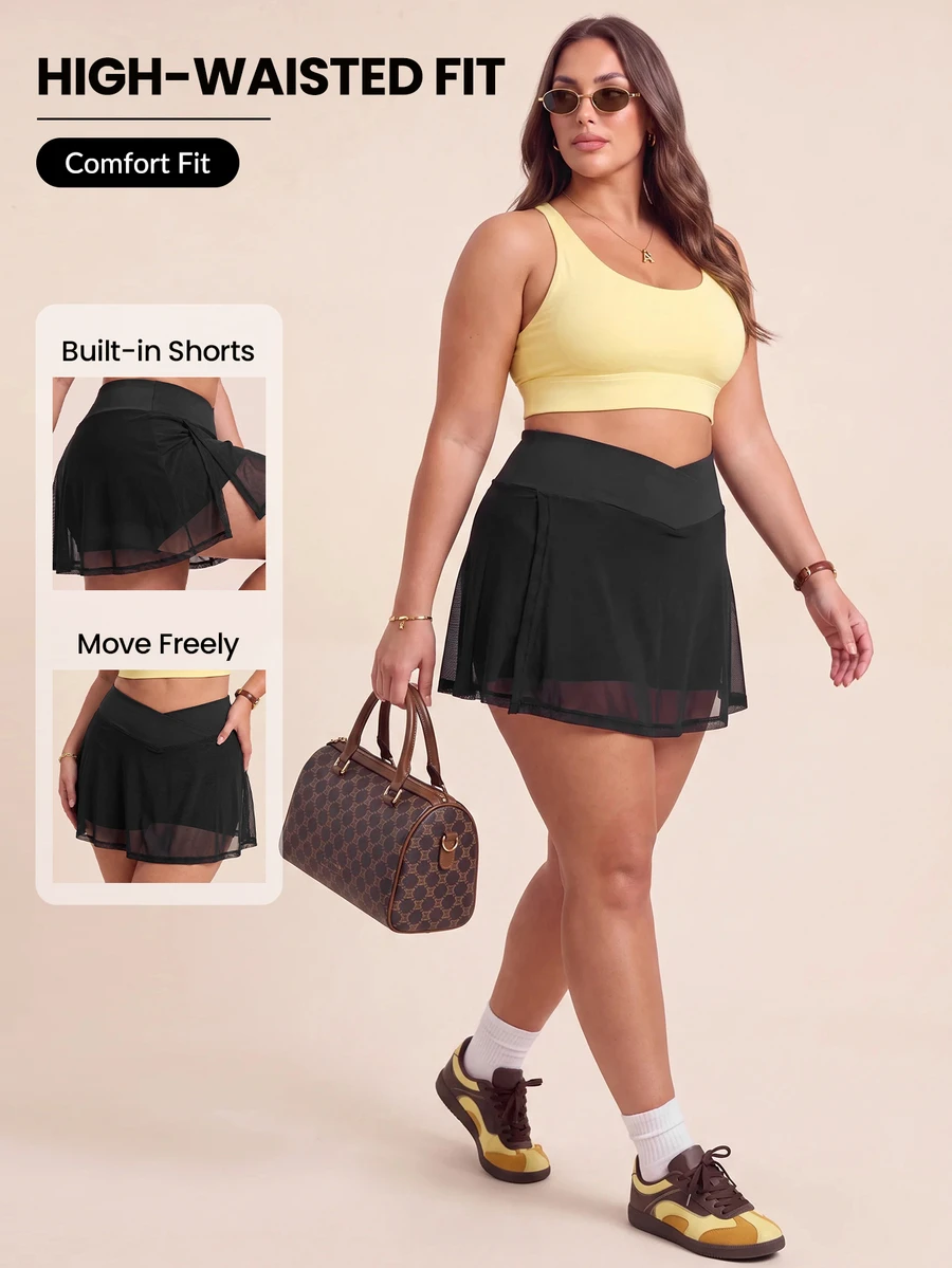 SHEIN Rhythm Era Women's Plus Size Solid Color Contrast Mesh Daily Fitness Sports Skorts Gym Sports Black Summer - Black - View 1