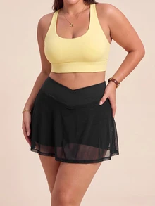 SHEIN Rhythm Era Women's Plus Size Solid Color Contrast Mesh Daily Fitness Sports Skorts Gym Sports Black Summer - Black - View 4