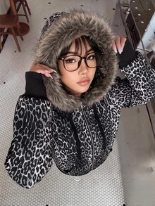 SHEIN Clasi Women's Leopard Print Sporty Casual Sweatshirt With Fur Collar - Black and White - View 6
