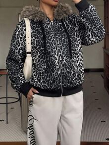 SHEIN Clasi Women's Leopard Print Sporty Casual Sweatshirt With Fur Collar - Black and White - View 7
