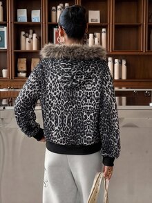 SHEIN Clasi Women's Leopard Print Sporty Casual Sweatshirt With Fur Collar - Black and White - View 2