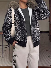 SHEIN Clasi Women's Leopard Print Sporty Casual Sweatshirt With Fur Collar - Black and White - View 3