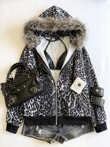 SHEIN Clasi Women's Leopard Print Sporty Casual Sweatshirt With Fur Collar - Black and White - View 1