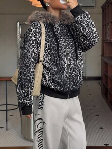 SHEIN Clasi Women's Leopard Print Sporty Casual Sweatshirt With Fur Collar - Black and White - View 5