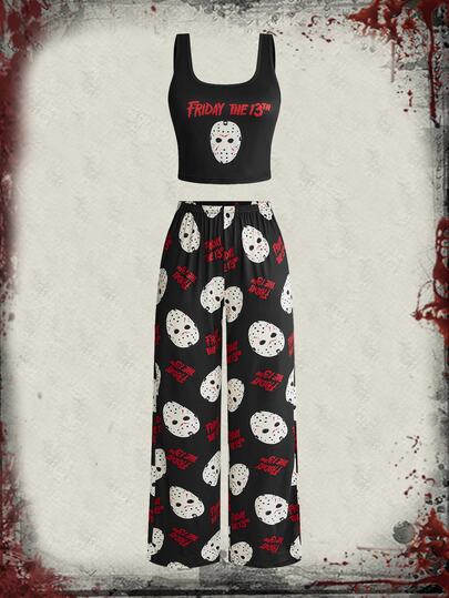 Friday the 13th X ROMWE Horror Movie Tank Top & Long Pants Casual Women's Pajama Set