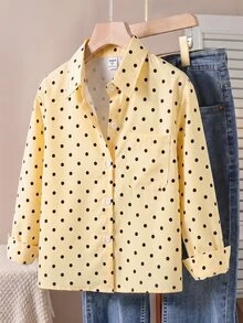SHEIN 可愛休閒 80 年代黑色波點襯衫，復古寬鬆版型領口長袖上衣，度假時尚上衣，日常百搭鈕扣款，適合秋季、校園 - 黃色 - 查看 5