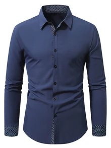 Manfinity Mode Men's Long Sleeve Business Casual Shirt With Patchwork Placket And Cuffs - Multicolor - View 4